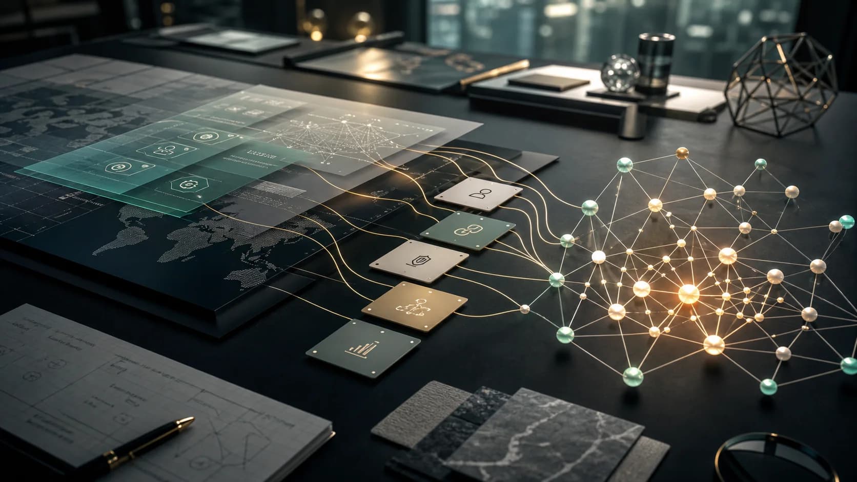 Enterprise strategy artifacts connected into a glowing knowledge graph on a modern planning table.