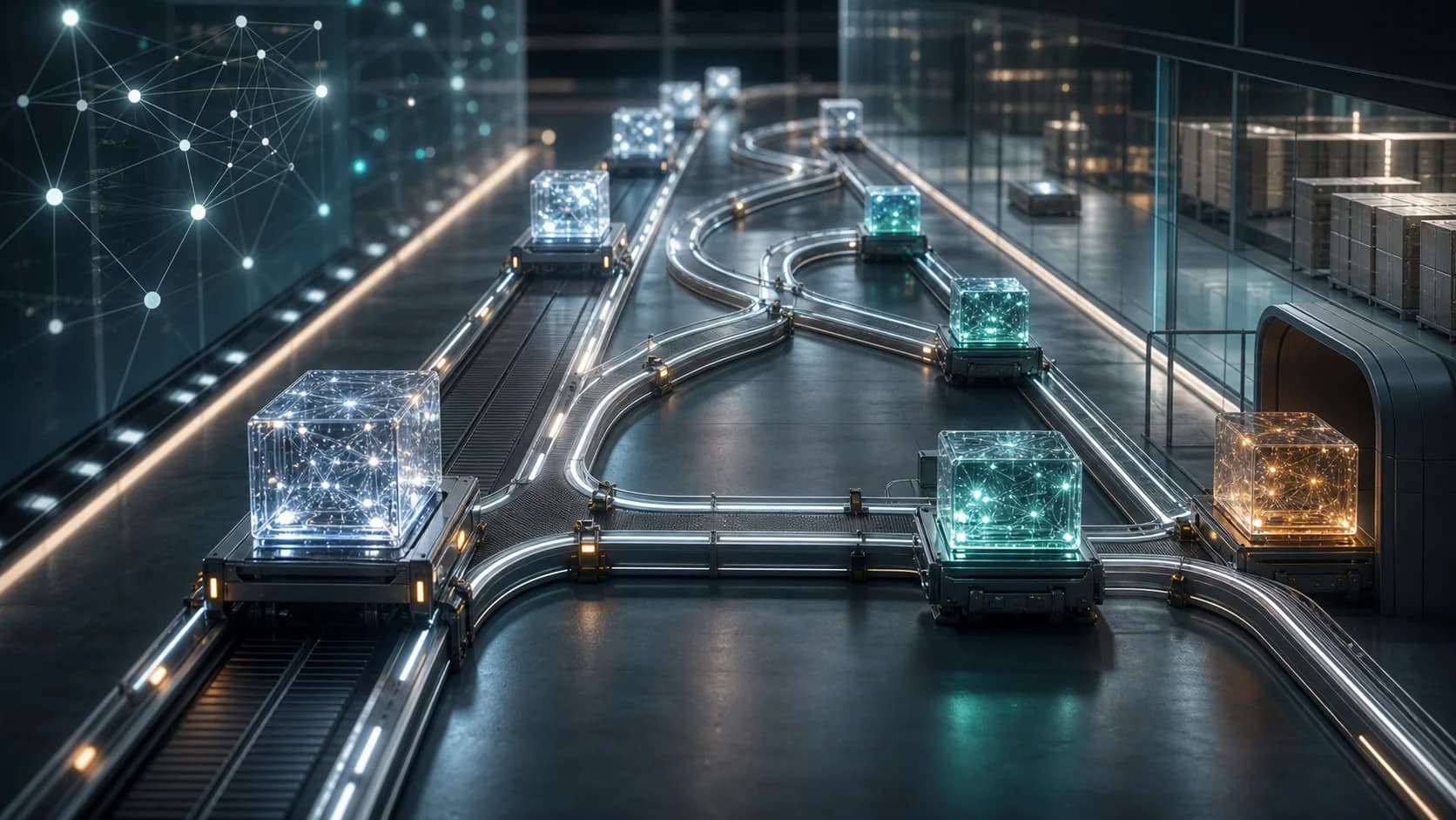 Luminous data containers moving through branching logistics tracks in a modern operations hub.