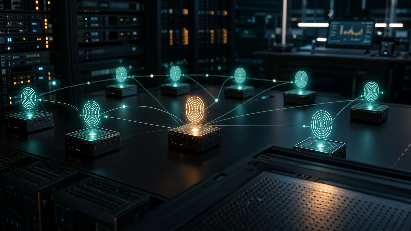 Cryptographic hash fingerprints projected over immutable data blocks in a secure distributed storage room.