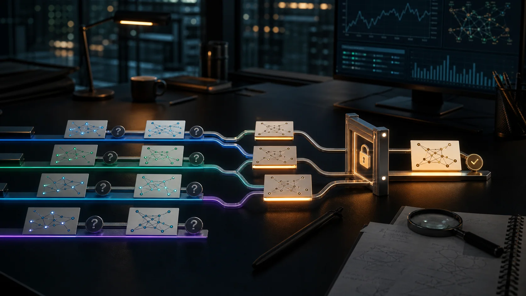 Branching data review workflow with graph diffs, pull request cards, and a protected production lane.