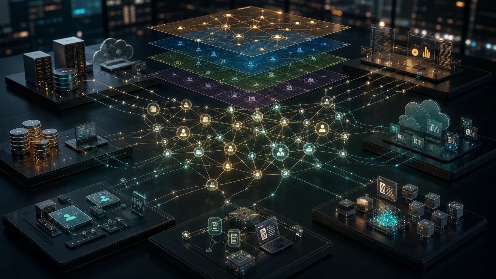 Enterprise systems connected through a luminous knowledge graph fabric across a modern operations floor.